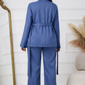 Ladies' Solid Color Lapel Belt Decoration Open Top Jacket And Drawstring Elastic Loose Leg Pants Set - Norellé