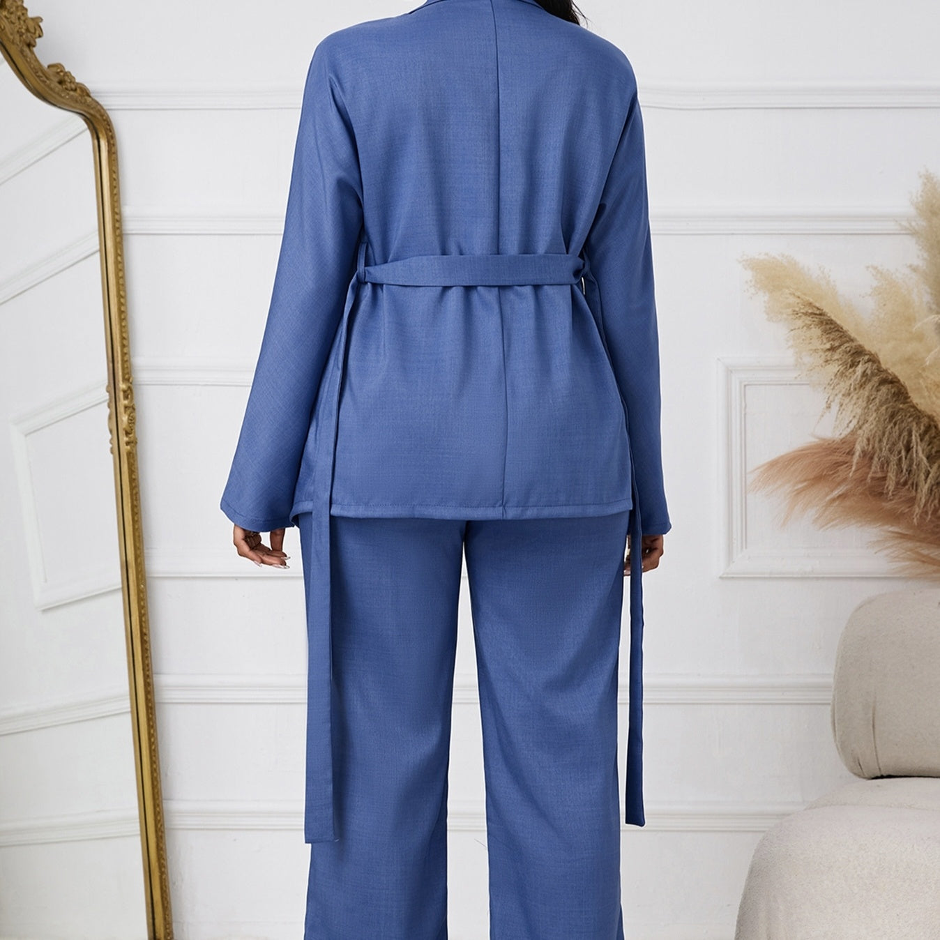 Ladies' Solid Color Lapel Belt Decoration Open Top Jacket And Drawstring Elastic Loose Leg Pants Set - Norellé