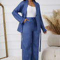 Ladies' Solid Color Lapel Belt Decoration Open Top Jacket And Drawstring Elastic Loose Leg Pants Set - Norellé