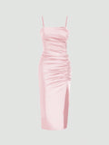 Solid Color Ruched Bodycon Slit Cami Dress - Norellé