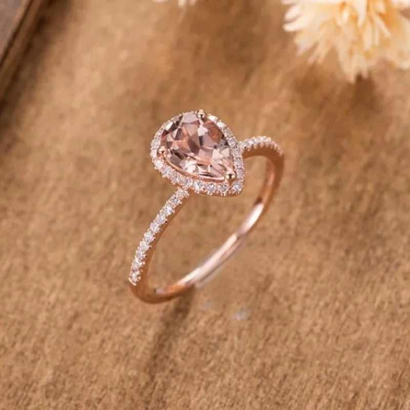 European And American 18K Rose Gold Plated Inlaid Pink Crystal Water Drop Pear-shaped Ring - Norellé
