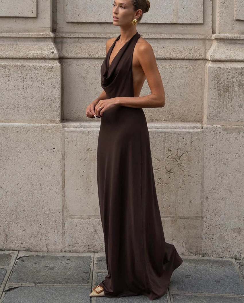 Slim Brown Women Sleeveless Backless Maxi Dress - Norellé