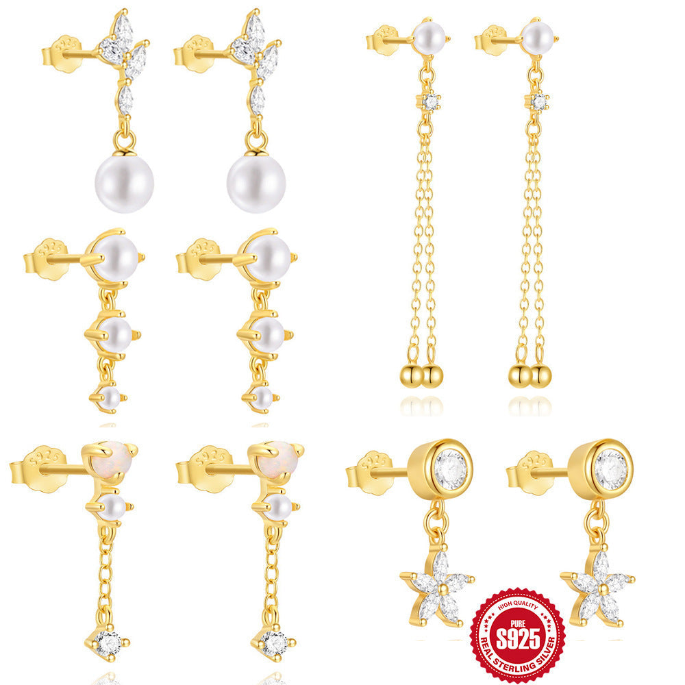 Sterling Silver Horse Eye Rhinestone Pearl Eardrops - Norellé