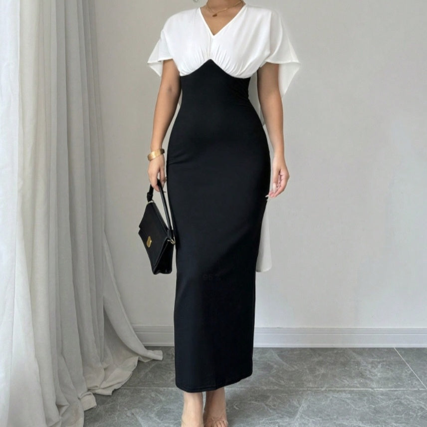 Ladies' Commuting Elegant Casual V-neck Color Block Patchwork Short Sleeved Dress - Norellé