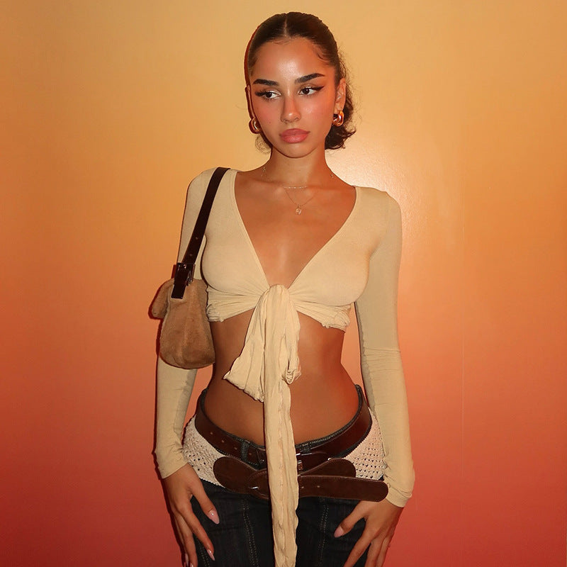 Pure Desire Strap Long-sleeved T-shirt Deep V-neck Short Blouse - Norellé