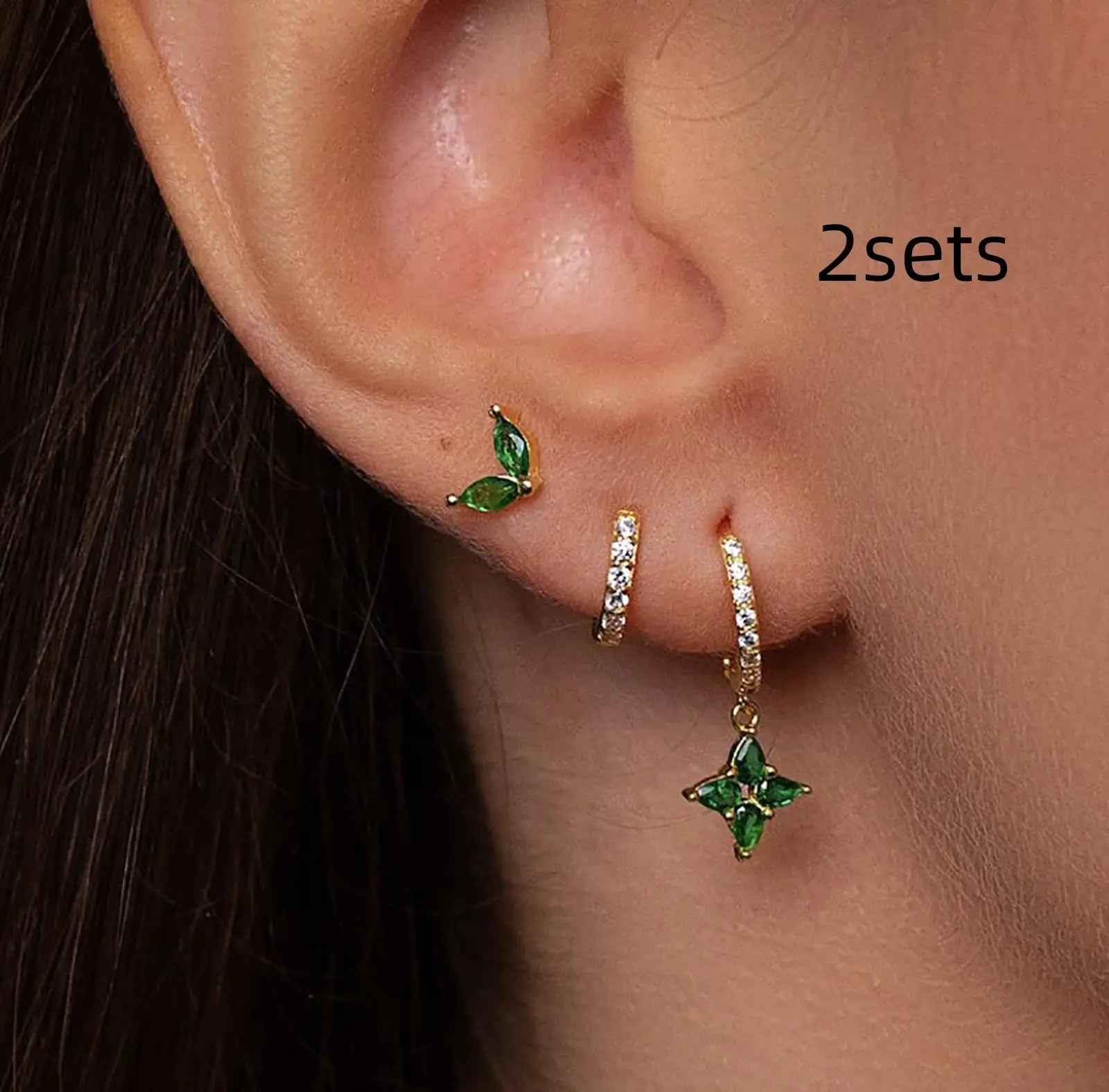 Green Inlaid Zircon Fashion Women's Earrings Three-piece Set - Norellé