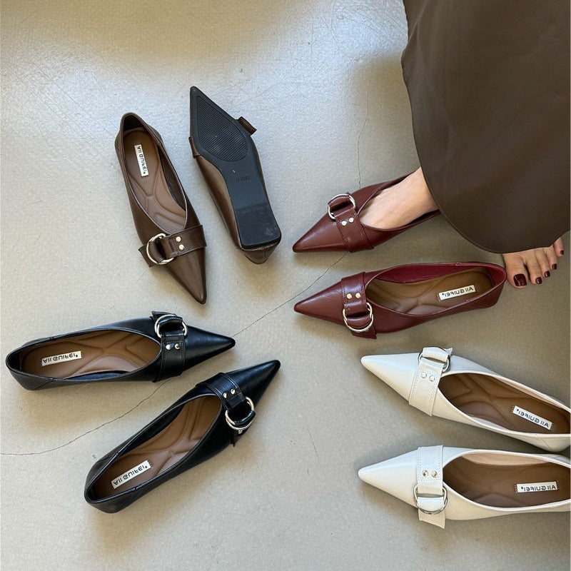 Metal Belt Buckle French Pointed Flat Bottom Pumps