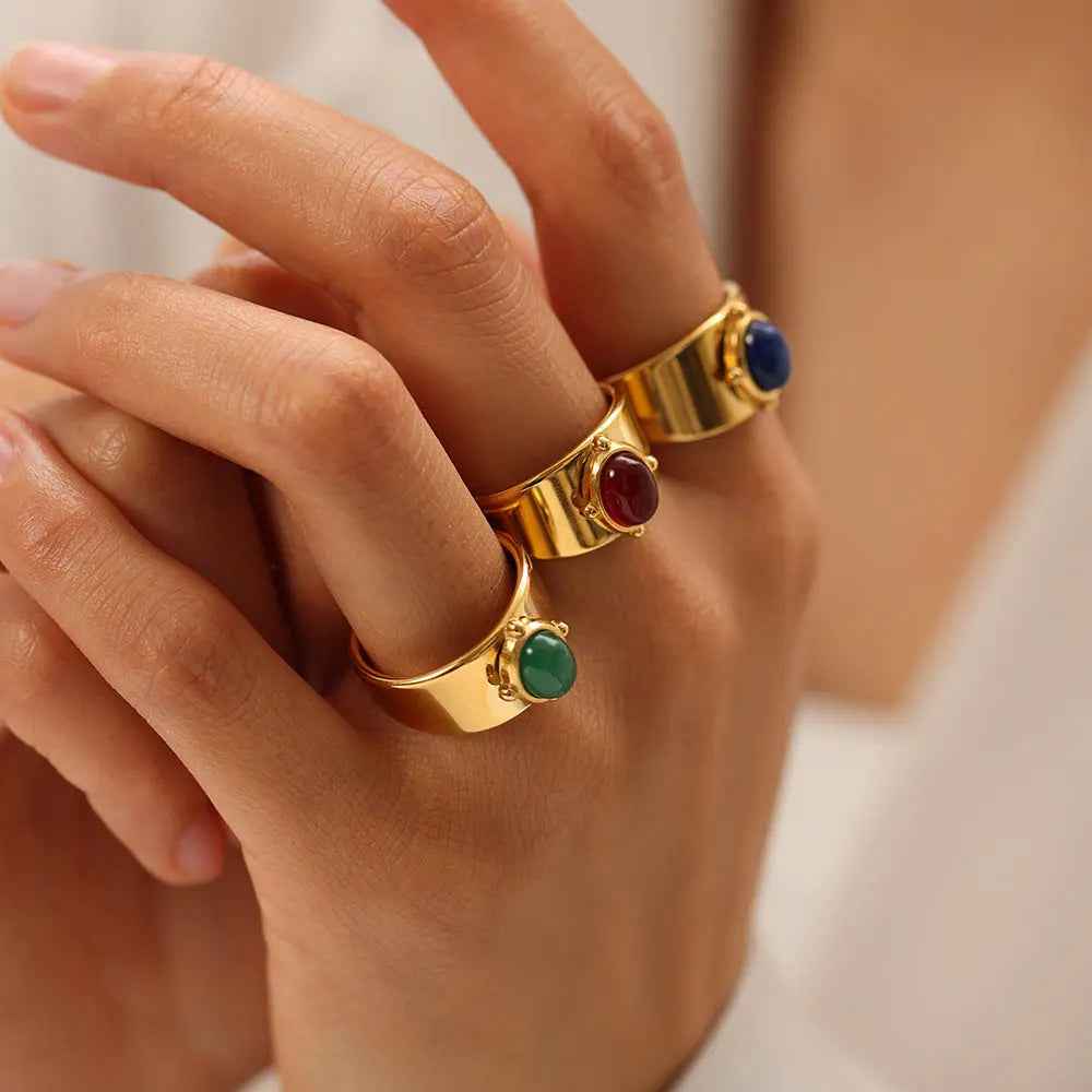Gold Wide Face Inlaid Oval Natural Stone Ring - Norellé