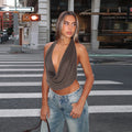 Women's Pure Color Halter Silver Silk Pockets Collar Top - Norellé