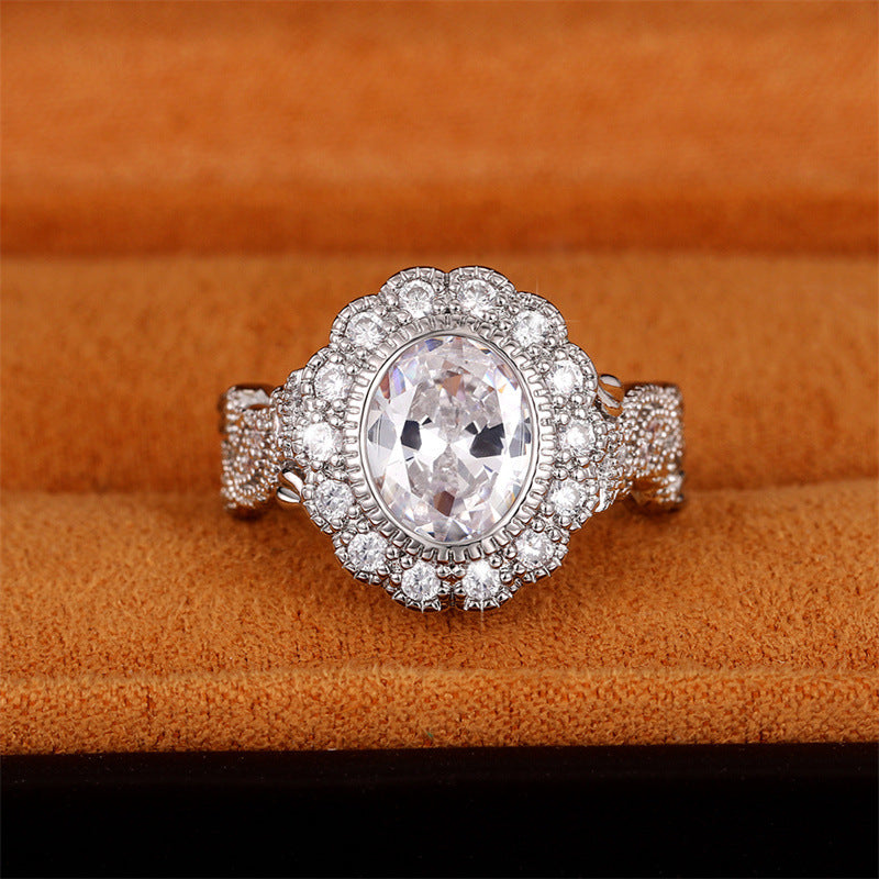 Full Diamond Copper Plating Round Diamond Zircon Ring Female European And American Luxury - Norellé