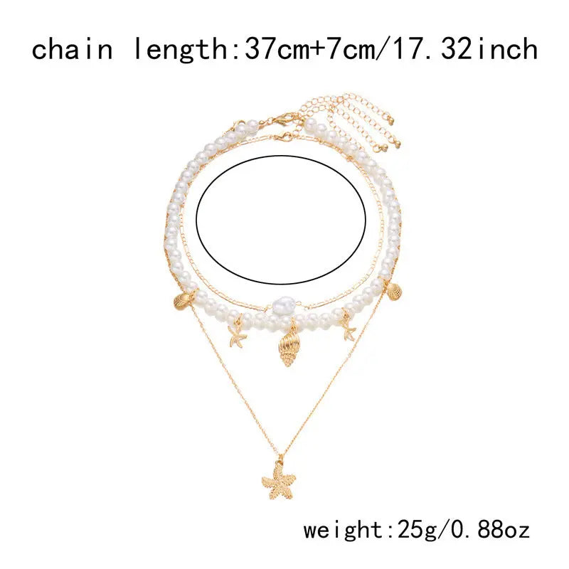 Summer Retro Vacation Style Beach Shell Artificial Pearl Conch Multi-layer Women's Necklace - Norellé