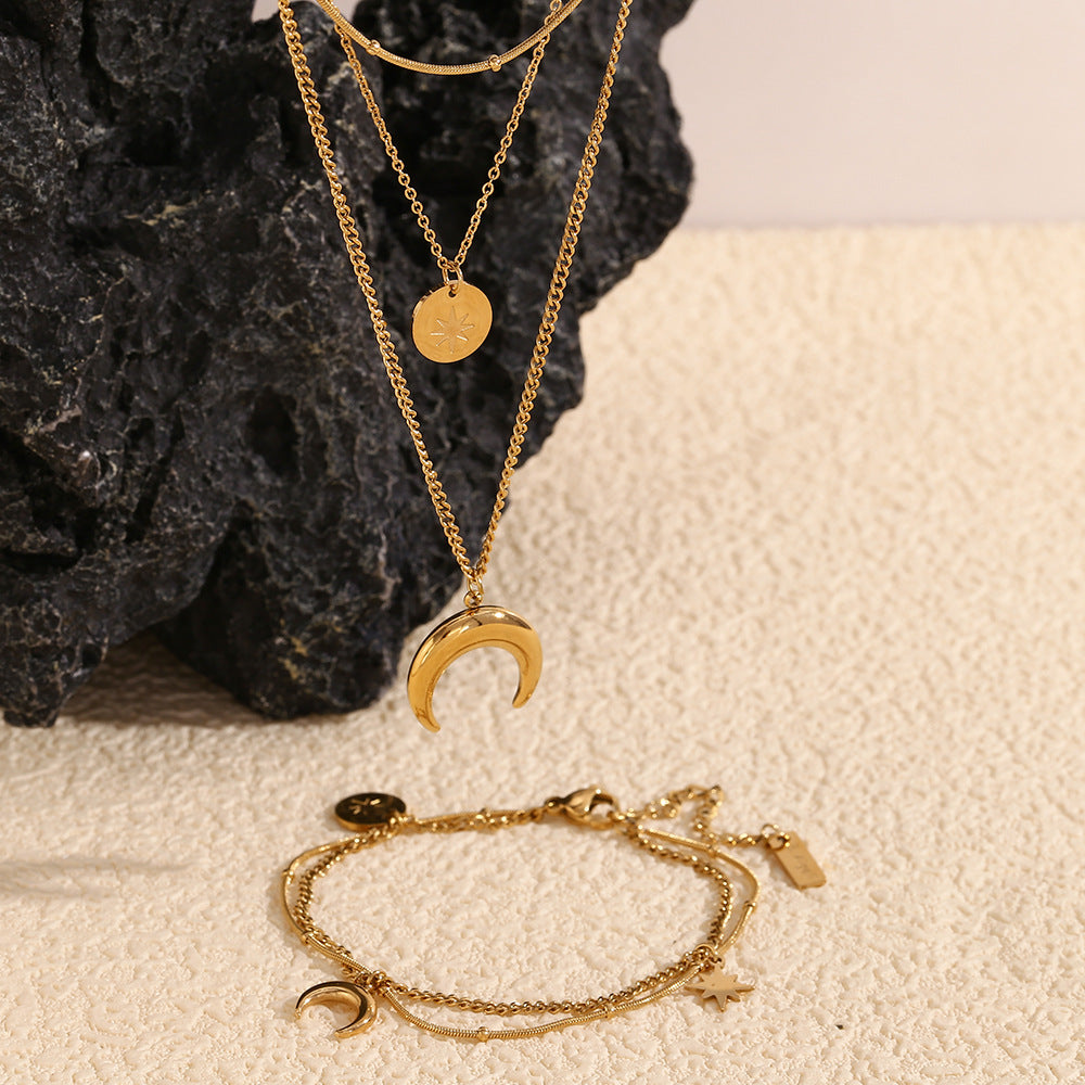 Vintage Necklace Stainless Steel Plated 18K Gold Moon Eight Awn Star Bracelet - Norellé