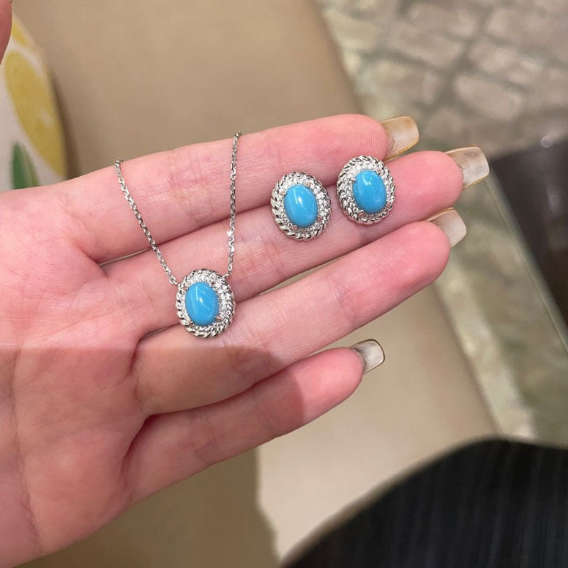 Mild Luxury Retro Twist Encircling Egg-shaped Turquoise Ear Stud Necklace - Norellé