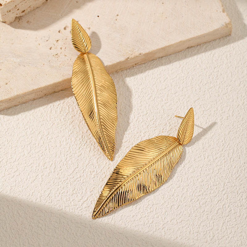 Stainless Steel Leaf Pendant Metal Leaf Texture Earrings - Norellé