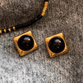 Square Black Agate Middle Ancient Gold Earrings For Women - Norellé