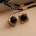 Square Black Agate Middle Ancient Gold Earrings For Women - Norellé