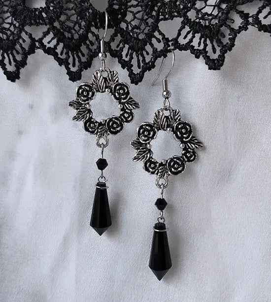 Gothic Rose Black Crystal Pendant Earrings Retro Fashion - Norellé