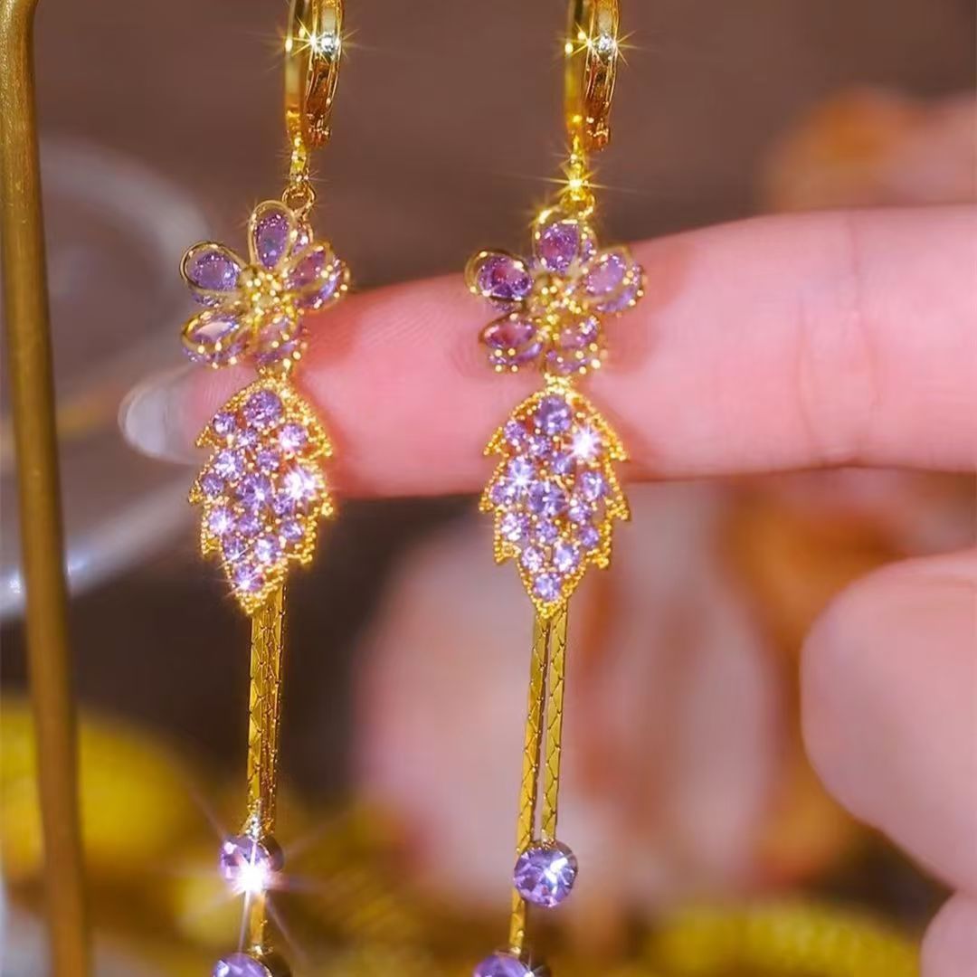 New Purple Delicate Flower Leaf Tassel Earrings - Norellé