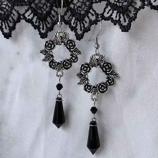 Gothic Rose Black Crystal Pendant Earrings Retro Fashion - Norellé