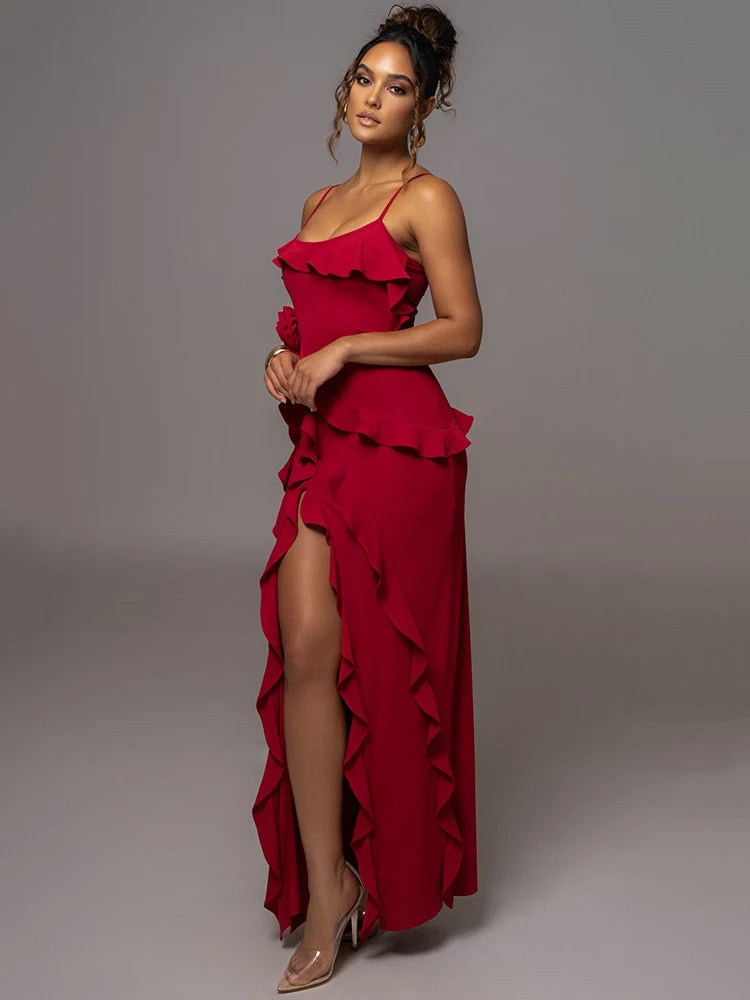 Maxi Dress Women Spaghetti Strap Flower Sleeveless Backless High Split Evening Dress - Norellé