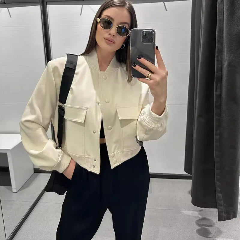 Woman Bomber Jacket Coat White Button Baseball - Norellé