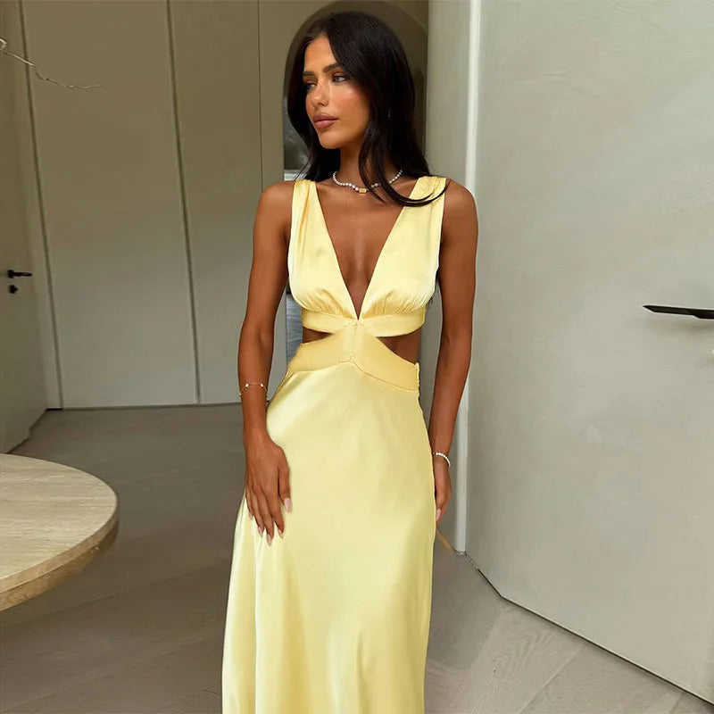 Deep V neck Hollow Long Dress