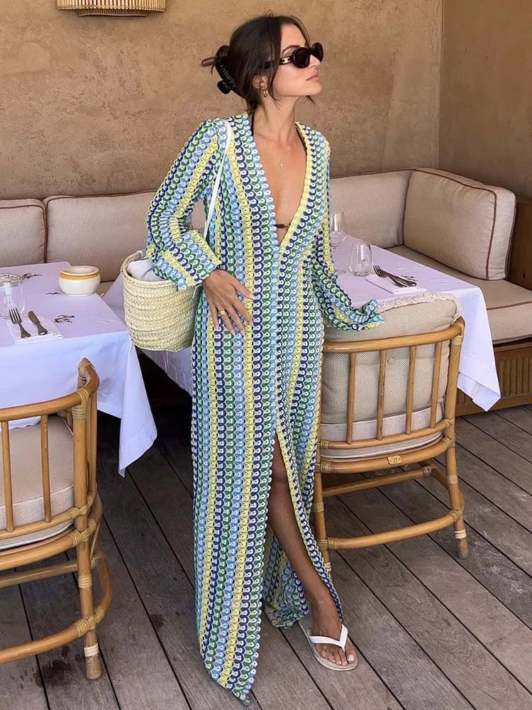 Women Deep V Neck Casual Bohemian Maxi Dress - Norellé