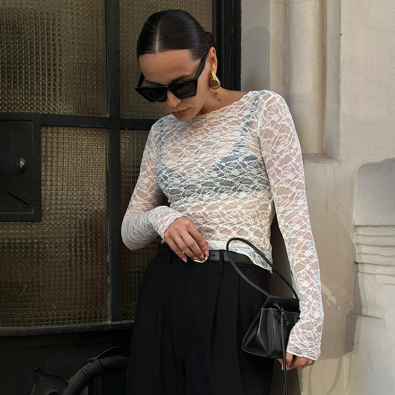 Lace Women'S Tops Hollow Out Basic Casual Elegant Long Sleeve - Norellé