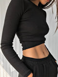 O Neck Long Sleeve Shirt Women Ribbed Cropped Tops - Norellé