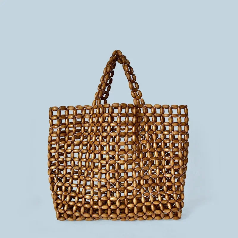 Summer Women's Handwoven Totes Beach Holiday Hollowed-Out Wooden Beaded Bag