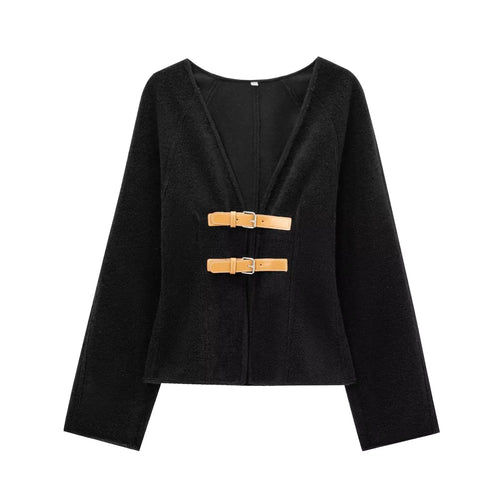 Woman Vintage White Leather Buckle Woolen Jacket Female - Norellé