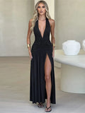 Women's Sleeveless Hanging Neck Deep V-neck Long Dress - Norellé