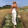 Women's Vintage Solid Silky Sleeveless Deep V -Neck High Waist Long Dress - Norellé