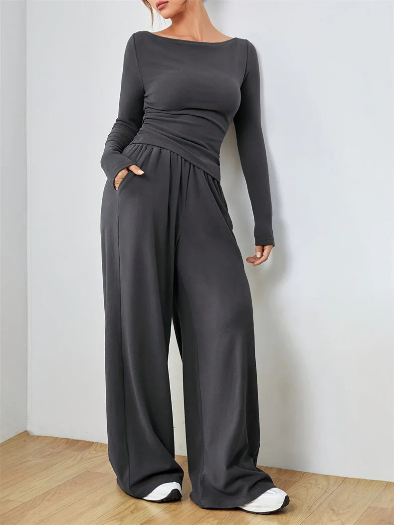 Women's Two-Piece Wide-Leg Pants Set Soft And Waxy Style Suit - Norellé