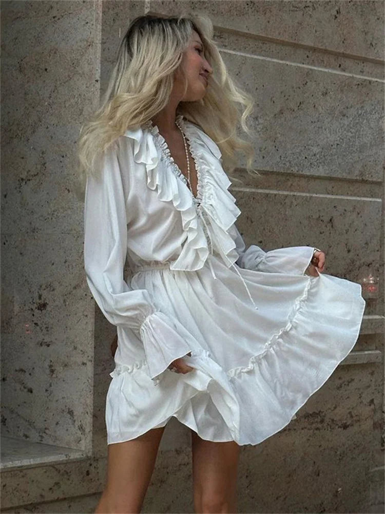 Ruffled V-Neck White Mini Dress - Norellé