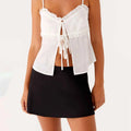 Women Cutout Eyelet Ruffle Tie Front Spaghetti Straps Tank Top