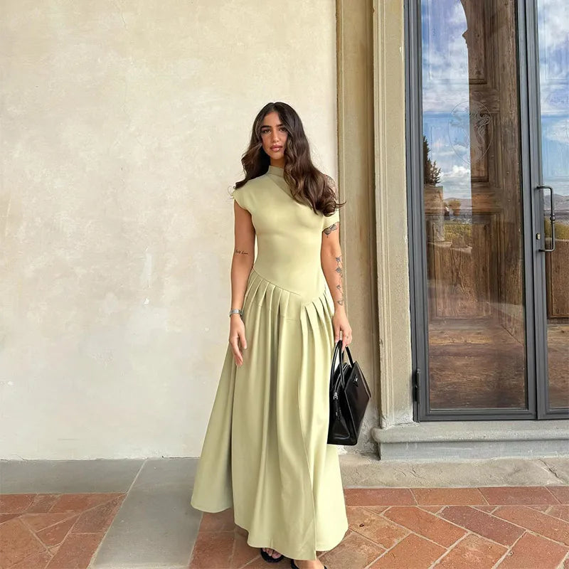 Women Elegant Green Pleated Dress O Neck Short Sleeve Patchwork Long Dress - Norellé