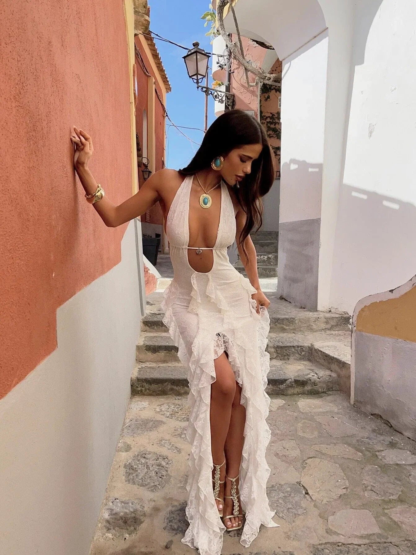 2Pc Retro Lace Bikini Deep-v  Women One Piece Swimsuit Backless Swimwear - Norellé