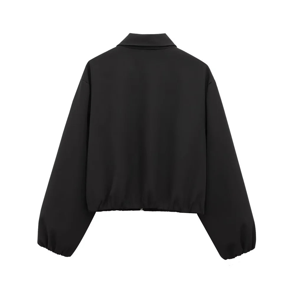 Women's Black Cropped Jacket with Collar and Zipper