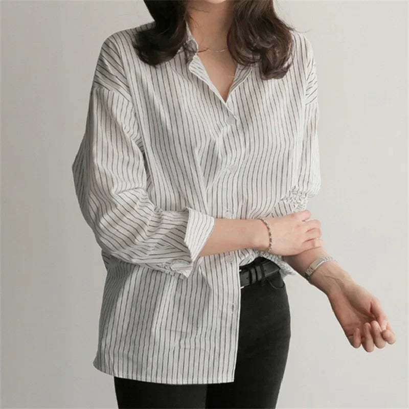 Women Shirt Stripes Blouse Lady Loose Long Sleeve Oversized Shirt