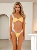 Knitted 3 Piece Bikini Sets Yellow Stripes Swimwear Stretchy Long Skirt High Waist - Norellé