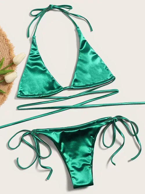 Halter Brazilian Metallic Satin Bikini Women Swimwear Female Swimsuit - Norellé