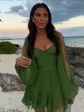 Women's Fashion Green Chiffon Mini Dress Elegant V-neck Split Long - Norellé