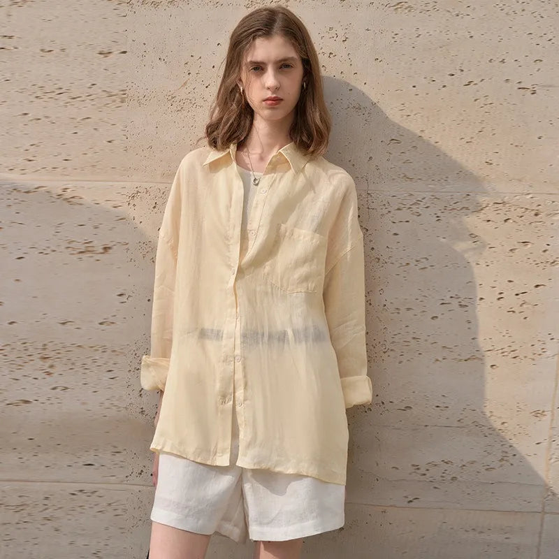 Women's Lapel Long-Sleeved White Casual Loose Blouse
