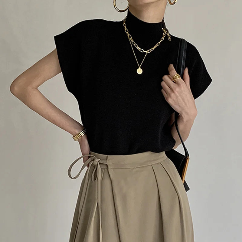Vest Shirt Solid Stand-up Collar Knitted Sweater Short Sleeve - Norellé