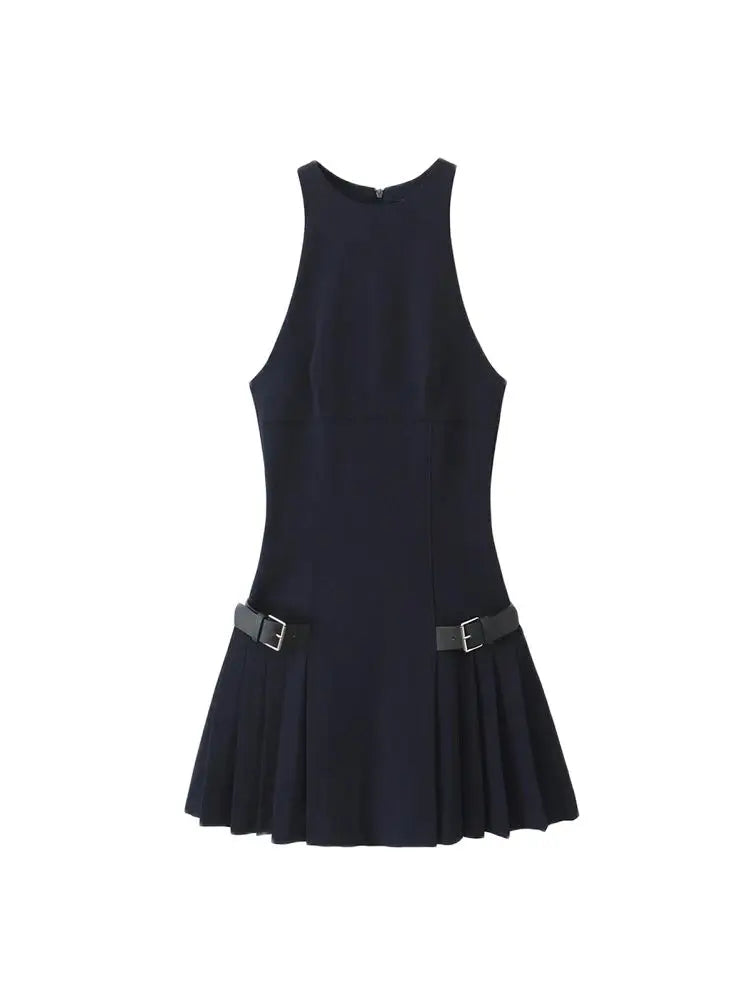 Pleated Mini Dress with Side Loops for Women, Halter Neck, Back - Norellé