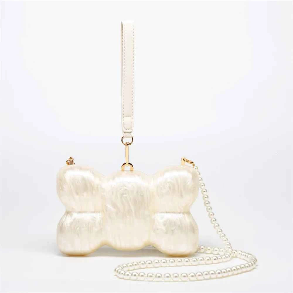 Pearl Oval Ball Beaded Long Chain Women Evening Box Clutch Bag