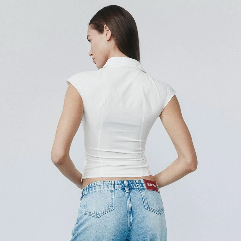 Slim Lapel V-Neck Sleeveless Twisted Shirt Short Blouse
