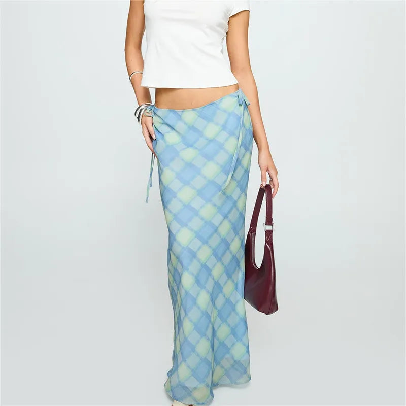 Casual Plaid Bandage Split Mesh Skirt