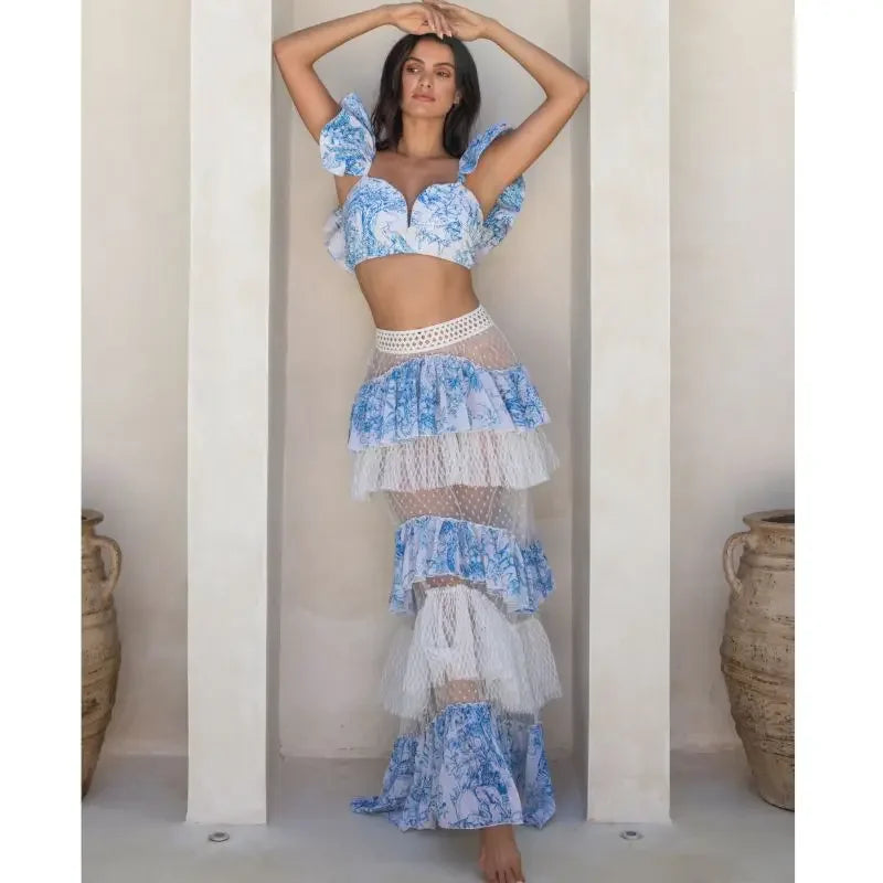 Print Net Yarn Splicing Bikini Swimsuit and Tiered Skirt - Norellé